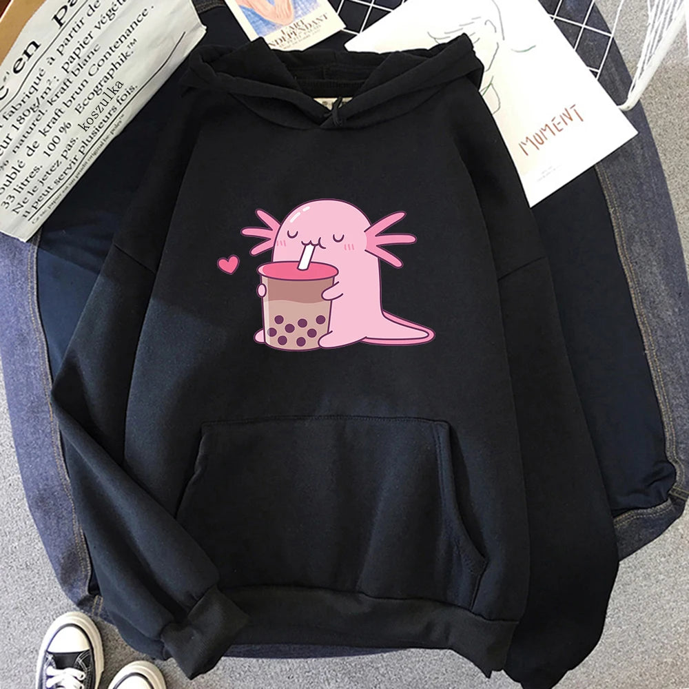 Axolotl Boba Milk Tea Hoodies Korean Style Women Clothes Kawaii Sweatshirt Vintage Cartoon Graphic Hoodie Harajuku Sudaderas