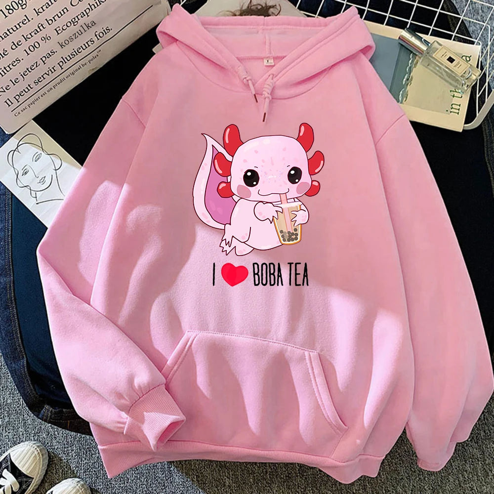 Axolotl Boba Milk Tea Hoodies Korean Style Women Clothes Kawaii Sweatshirt Vintage Cartoon Graphic Hoodie Harajuku Sudaderas