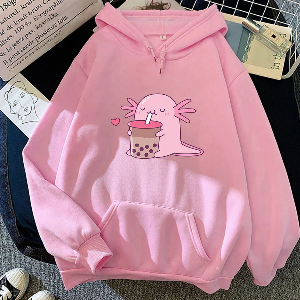 Axolotl Boba Milk Tea Hoodies Korean Style Women Clothes Kawaii Sweatshirt Vintage Cartoon Graphic Hoodie Harajuku Sudaderas