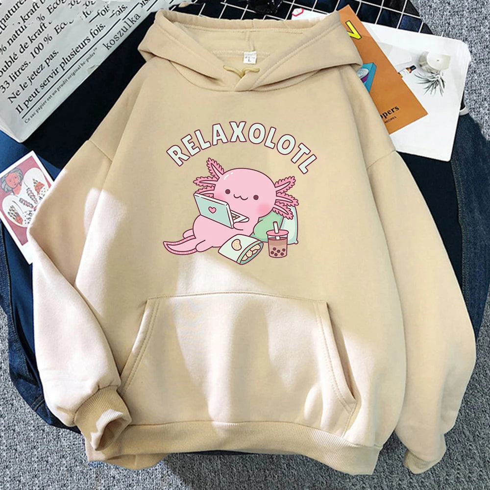 Axolotl Boba Milk Tea Hoodies Korean Style Women Clothes Kawaii Sweatshirt Vintage Cartoon Graphic Hoodie Harajuku Sudaderas