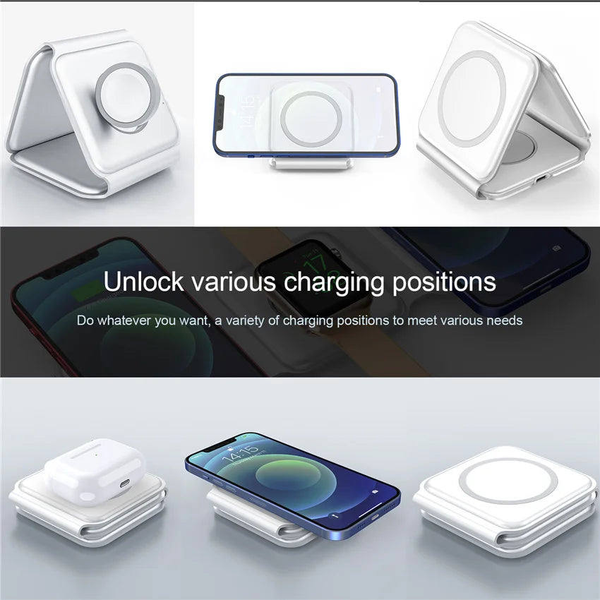 3 in 1 Magnetic Portable Wireless Charger Pad for iPhone 15 14 13 12 Pro Max Apple Watch AirPods Fast Charging Dock Station