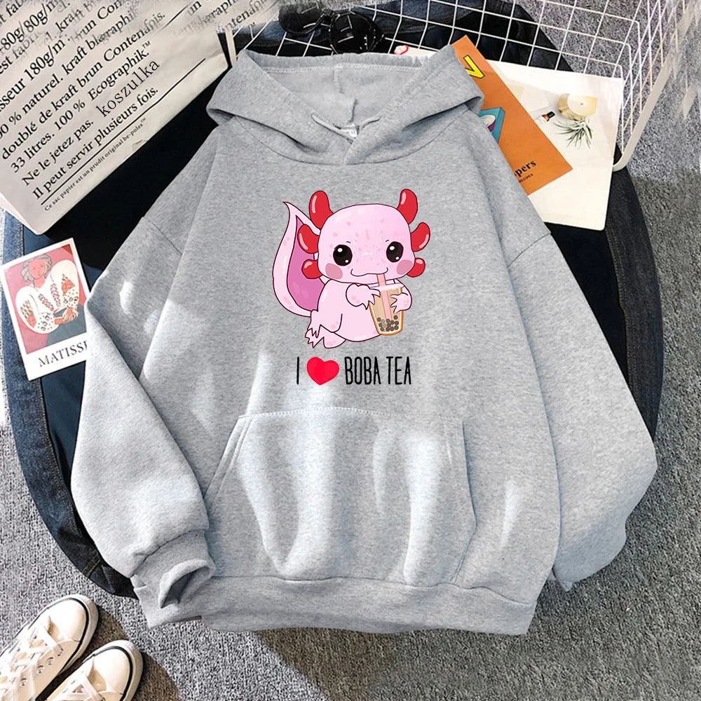 Axolotl Boba Milk Tea Hoodies Korean Style Women Clothes Kawaii Sweatshirt Vintage Cartoon Graphic Hoodie Harajuku Sudaderas