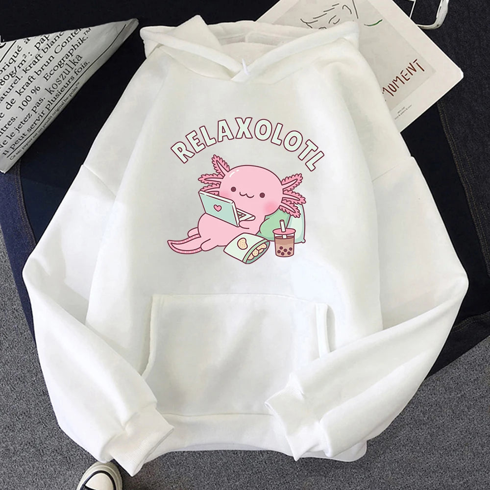 Axolotl Boba Milk Tea Hoodies Korean Style Women Clothes Kawaii Sweatshirt Vintage Cartoon Graphic Hoodie Harajuku Sudaderas