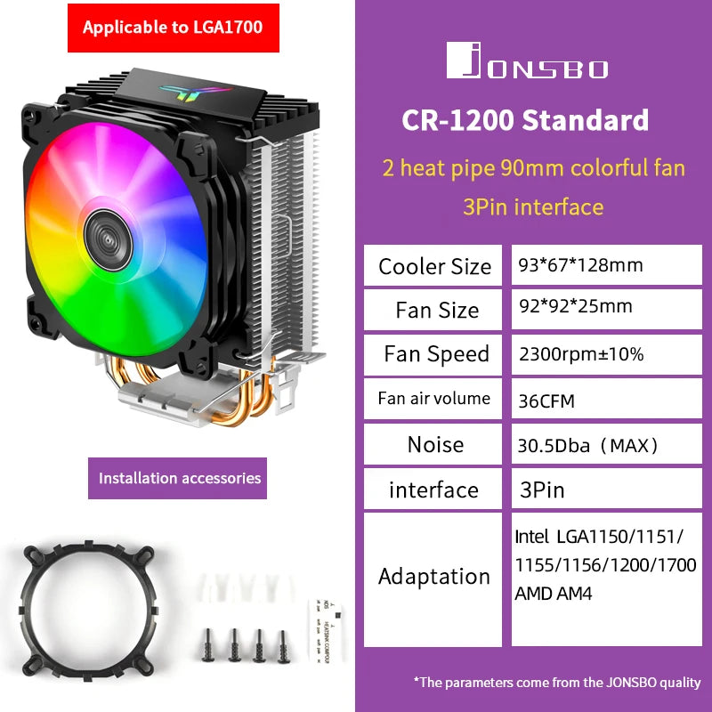 Jonsbo CR1200 CPU Cooler 2 Heat Pipe Tower RGB Colorful Light Effect 9cm Fan PC Radiator For Inter LGA115X 1200 1700 AMD AM4