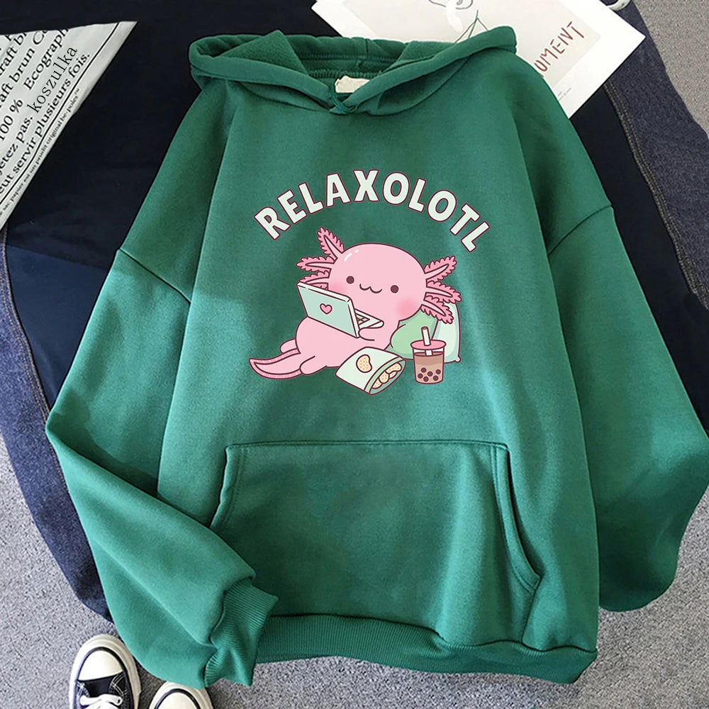 Axolotl Boba Milk Tea Hoodies Korean Style Women Clothes Kawaii Sweatshirt Vintage Cartoon Graphic Hoodie Harajuku Sudaderas