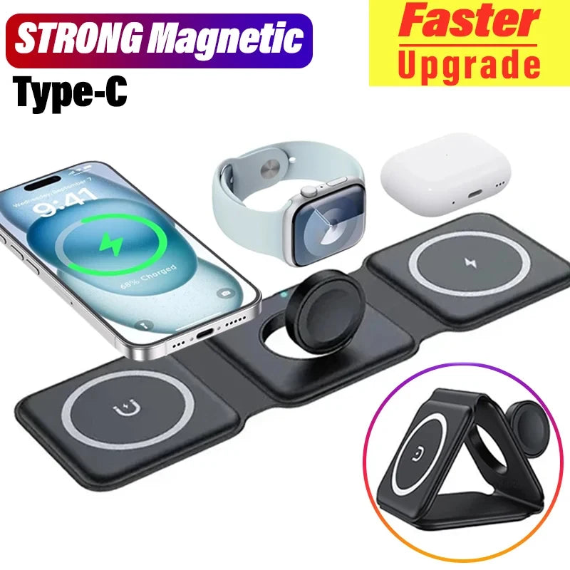 3 in 1 Magnetic Portable Wireless Charger Pad for iPhone 15 14 13 12 Pro Max Apple Watch AirPods Fast Charging Dock Station