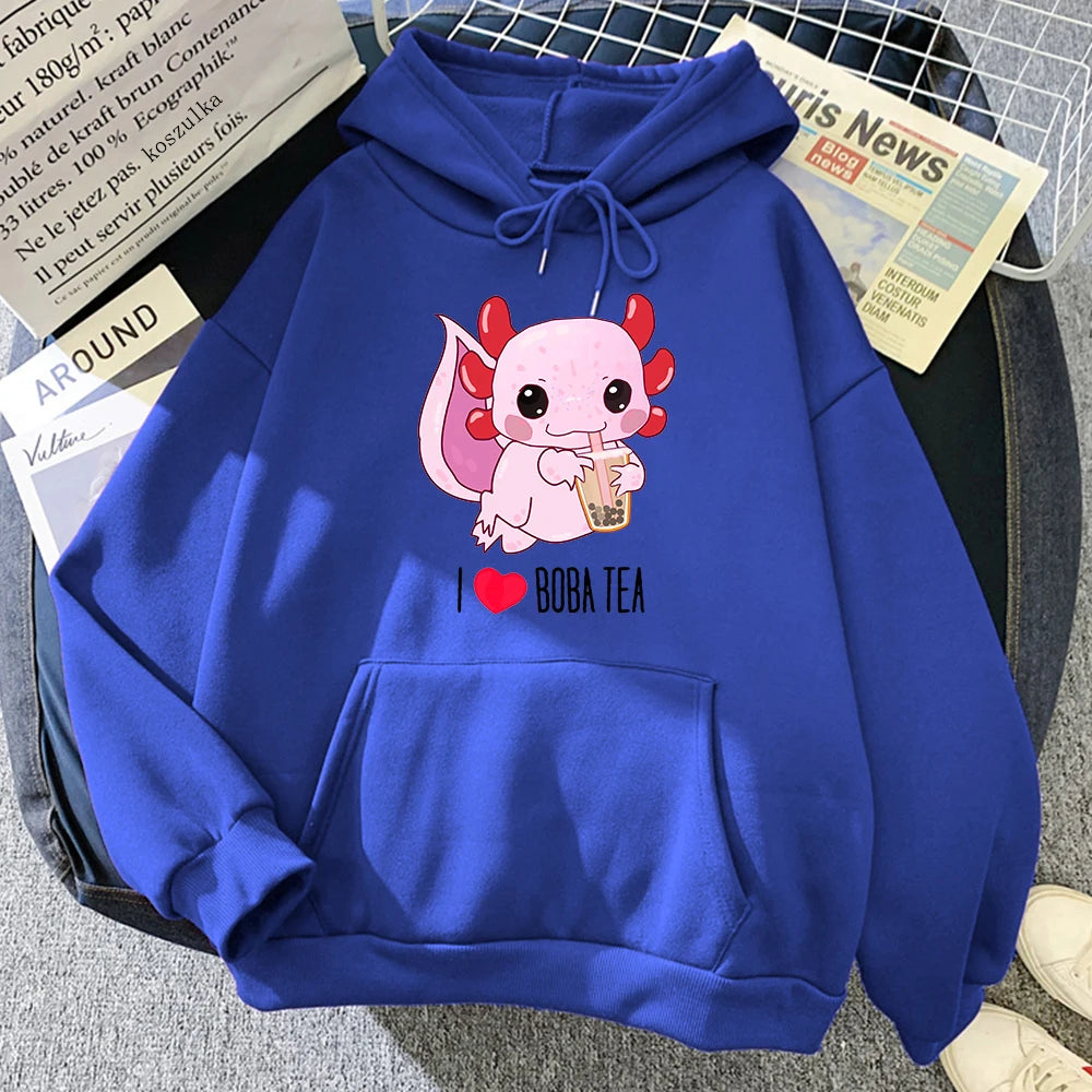 Axolotl Boba Milk Tea Hoodies Korean Style Women Clothes Kawaii Sweatshirt Vintage Cartoon Graphic Hoodie Harajuku Sudaderas