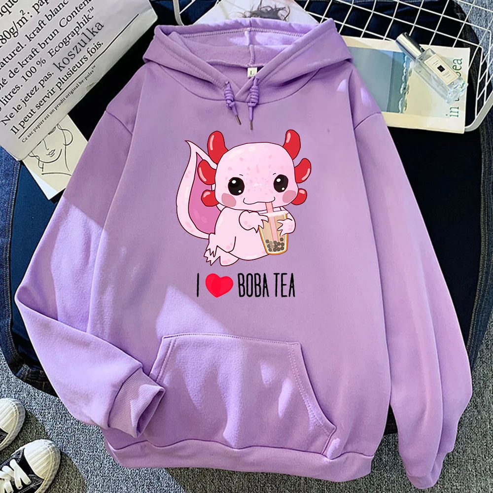 Axolotl Boba Milk Tea Hoodies Korean Style Women Clothes Kawaii Sweatshirt Vintage Cartoon Graphic Hoodie Harajuku Sudaderas