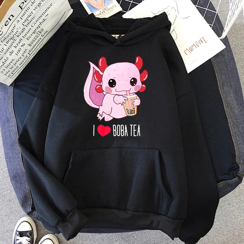 Axolotl Boba Milk Tea Hoodies Korean Style Women Clothes Kawaii Sweatshirt Vintage Cartoon Graphic Hoodie Harajuku Sudaderas