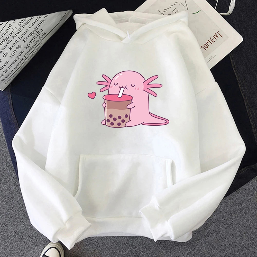 Axolotl Boba Milk Tea Hoodies Korean Style Women Clothes Kawaii Sweatshirt Vintage Cartoon Graphic Hoodie Harajuku Sudaderas