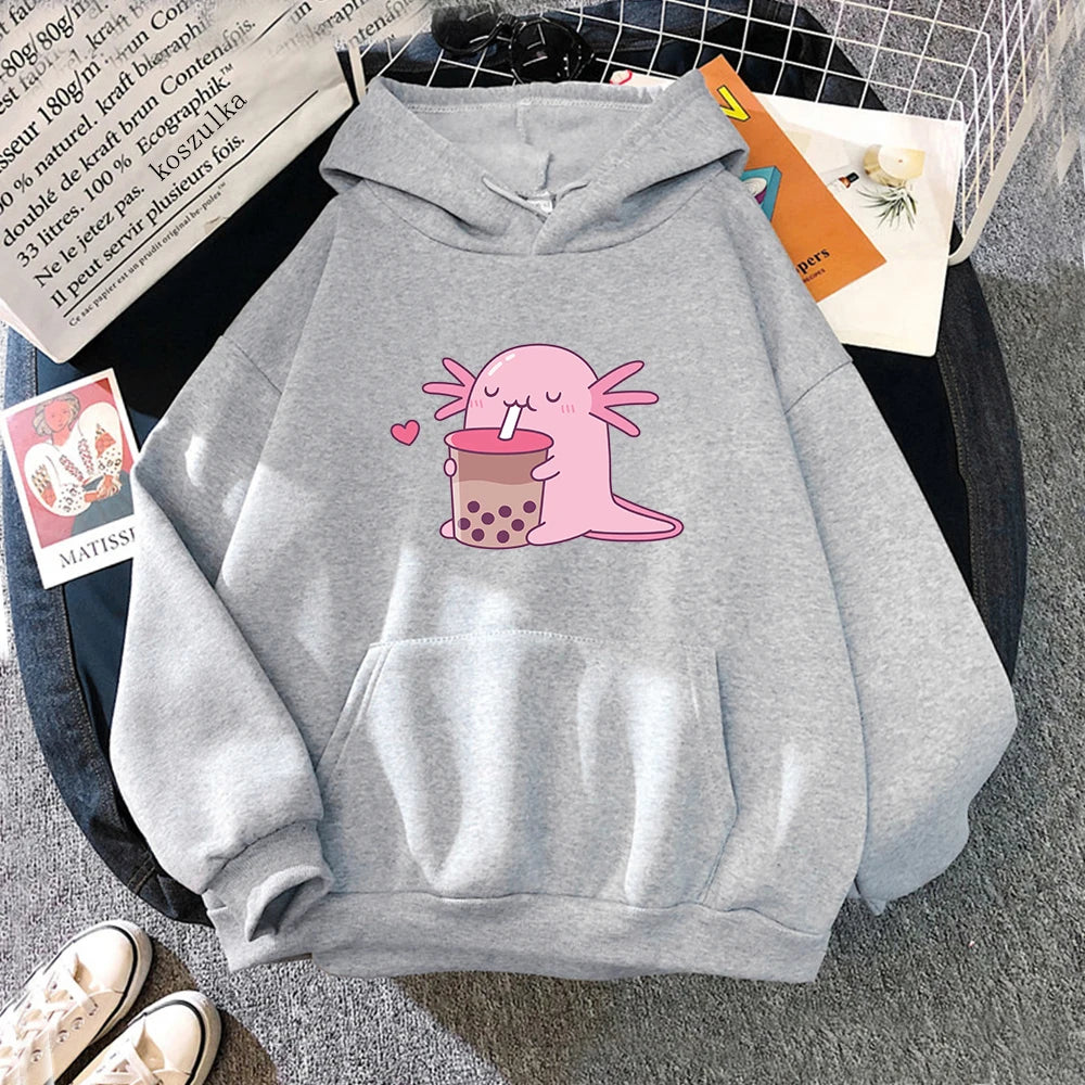 Axolotl Boba Milk Tea Hoodies Korean Style Women Clothes Kawaii Sweatshirt Vintage Cartoon Graphic Hoodie Harajuku Sudaderas