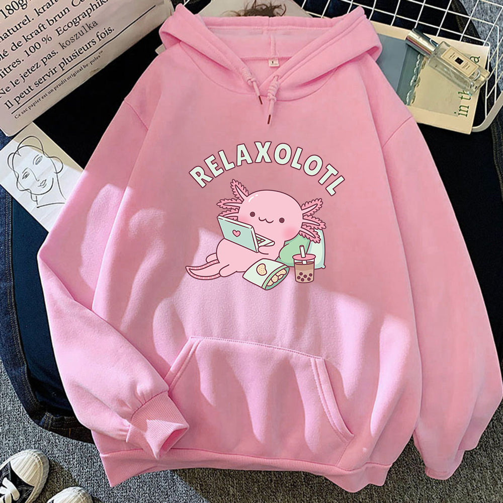 Axolotl Boba Milk Tea Hoodies Korean Style Women Clothes Kawaii Sweatshirt Vintage Cartoon Graphic Hoodie Harajuku Sudaderas