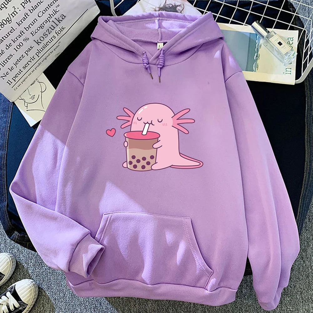 Axolotl Boba Milk Tea Hoodies Korean Style Women Clothes Kawaii Sweatshirt Vintage Cartoon Graphic Hoodie Harajuku Sudaderas