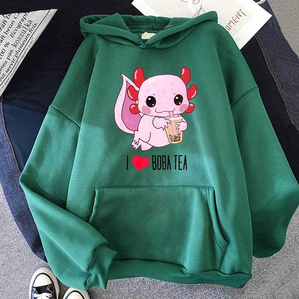 Axolotl Boba Milk Tea Hoodies Korean Style Women Clothes Kawaii Sweatshirt Vintage Cartoon Graphic Hoodie Harajuku Sudaderas