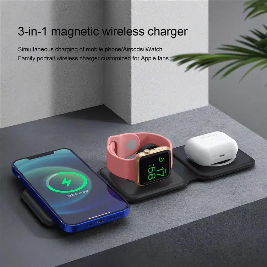 3 in 1 Magnetic Portable Wireless Charger Pad for iPhone 15 14 13 12 Pro Max Apple Watch AirPods Fast Charging Dock Station