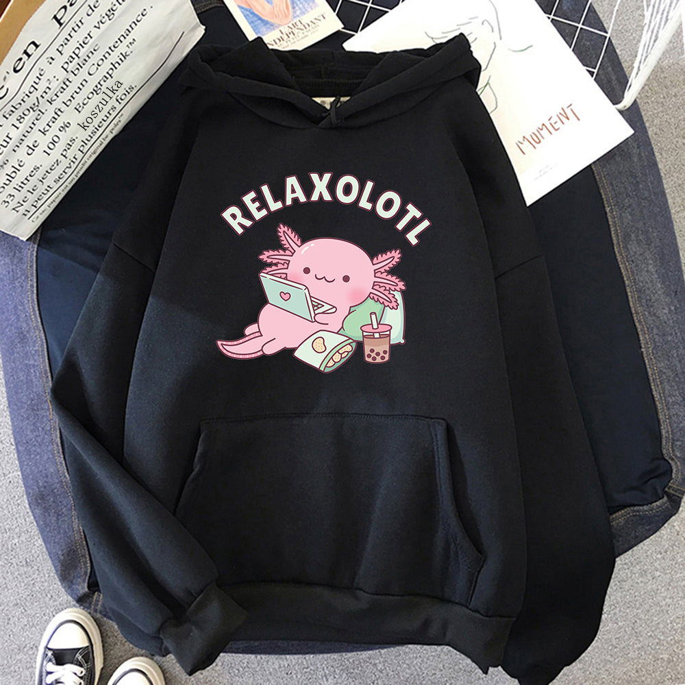 Axolotl Boba Milk Tea Hoodies Korean Style Women Clothes Kawaii Sweatshirt Vintage Cartoon Graphic Hoodie Harajuku Sudaderas