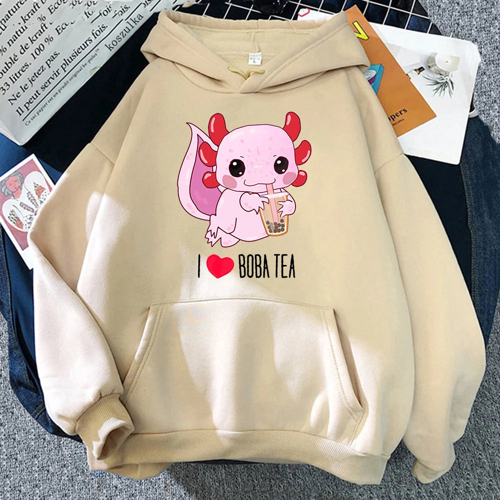 Axolotl Boba Milk Tea Hoodies Korean Style Women Clothes Kawaii Sweatshirt Vintage Cartoon Graphic Hoodie Harajuku Sudaderas