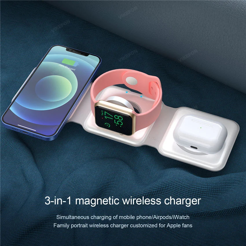 3 in 1 Magnetic Portable Wireless Charger Pad for iPhone 15 14 13 12 Pro Max Apple Watch AirPods Fast Charging Dock Station