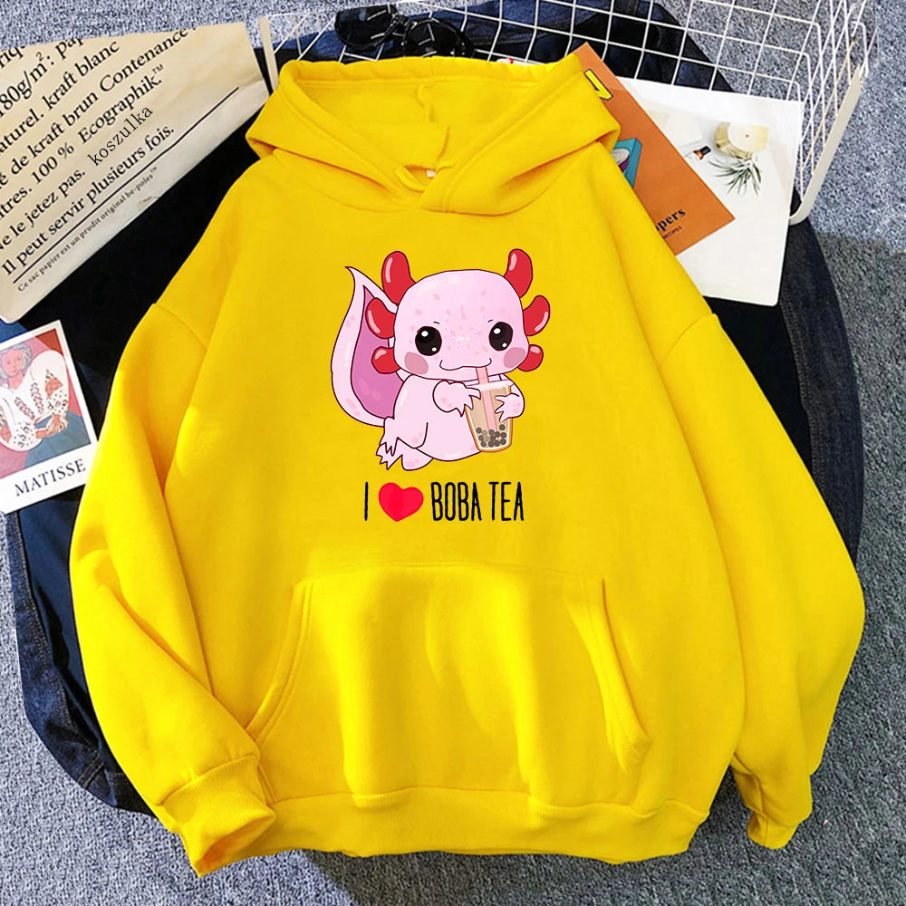 Axolotl Boba Milk Tea Hoodies Korean Style Women Clothes Kawaii Sweatshirt Vintage Cartoon Graphic Hoodie Harajuku Sudaderas