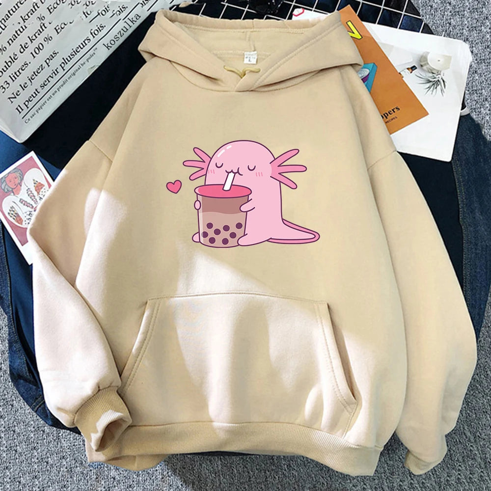 Axolotl Boba Milk Tea Hoodies Korean Style Women Clothes Kawaii Sweatshirt Vintage Cartoon Graphic Hoodie Harajuku Sudaderas