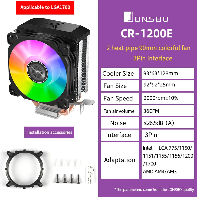 Jonsbo CR1200 CPU Cooler 2 Heat Pipe Tower RGB Colorful Light Effect 9cm Fan PC Radiator For Inter LGA115X 1200 1700 AMD AM4