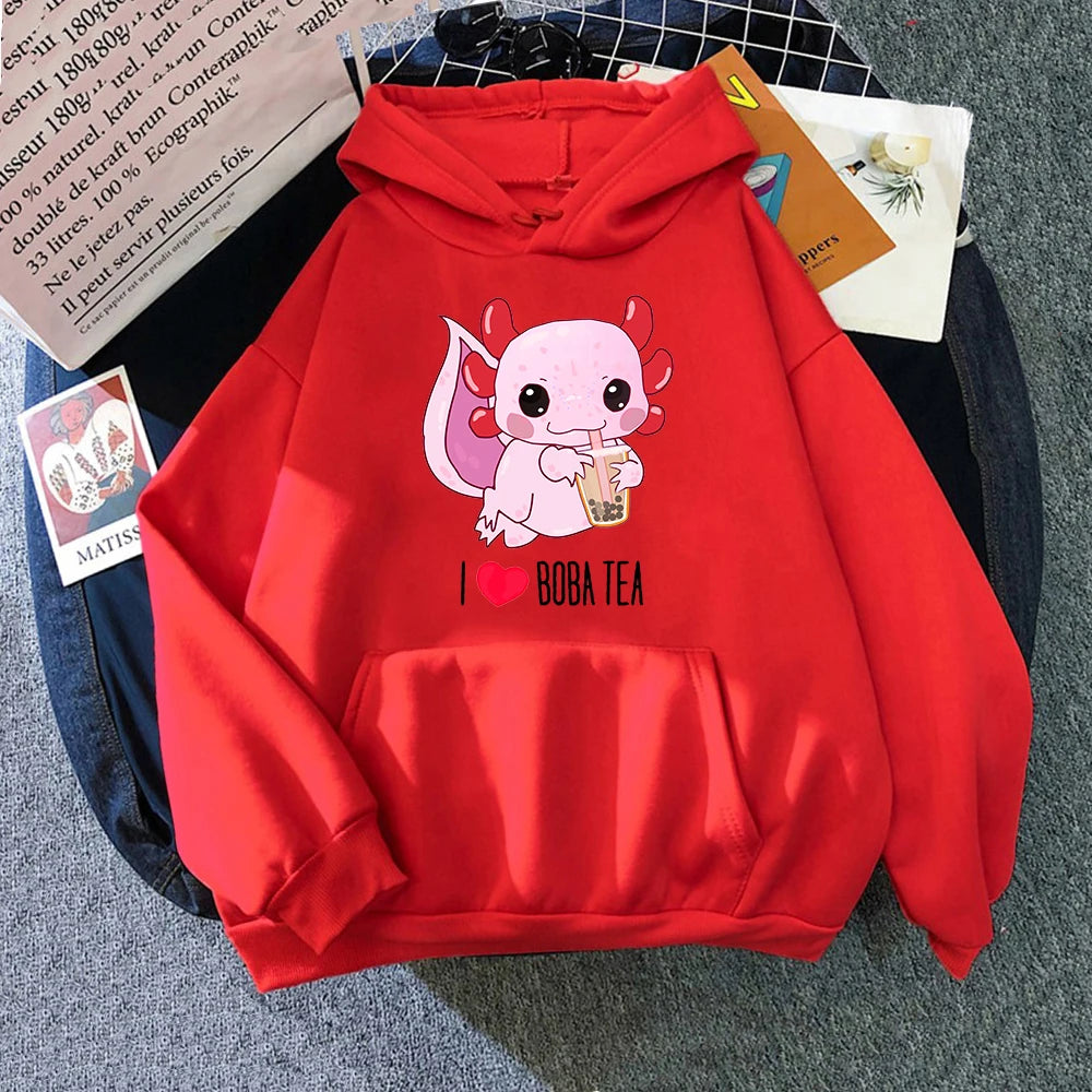 Axolotl Boba Milk Tea Hoodies Korean Style Women Clothes Kawaii Sweatshirt Vintage Cartoon Graphic Hoodie Harajuku Sudaderas