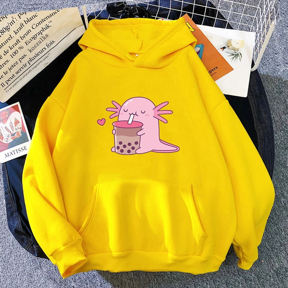 Axolotl Boba Milk Tea Hoodies Korean Style Women Clothes Kawaii Sweatshirt Vintage Cartoon Graphic Hoodie Harajuku Sudaderas