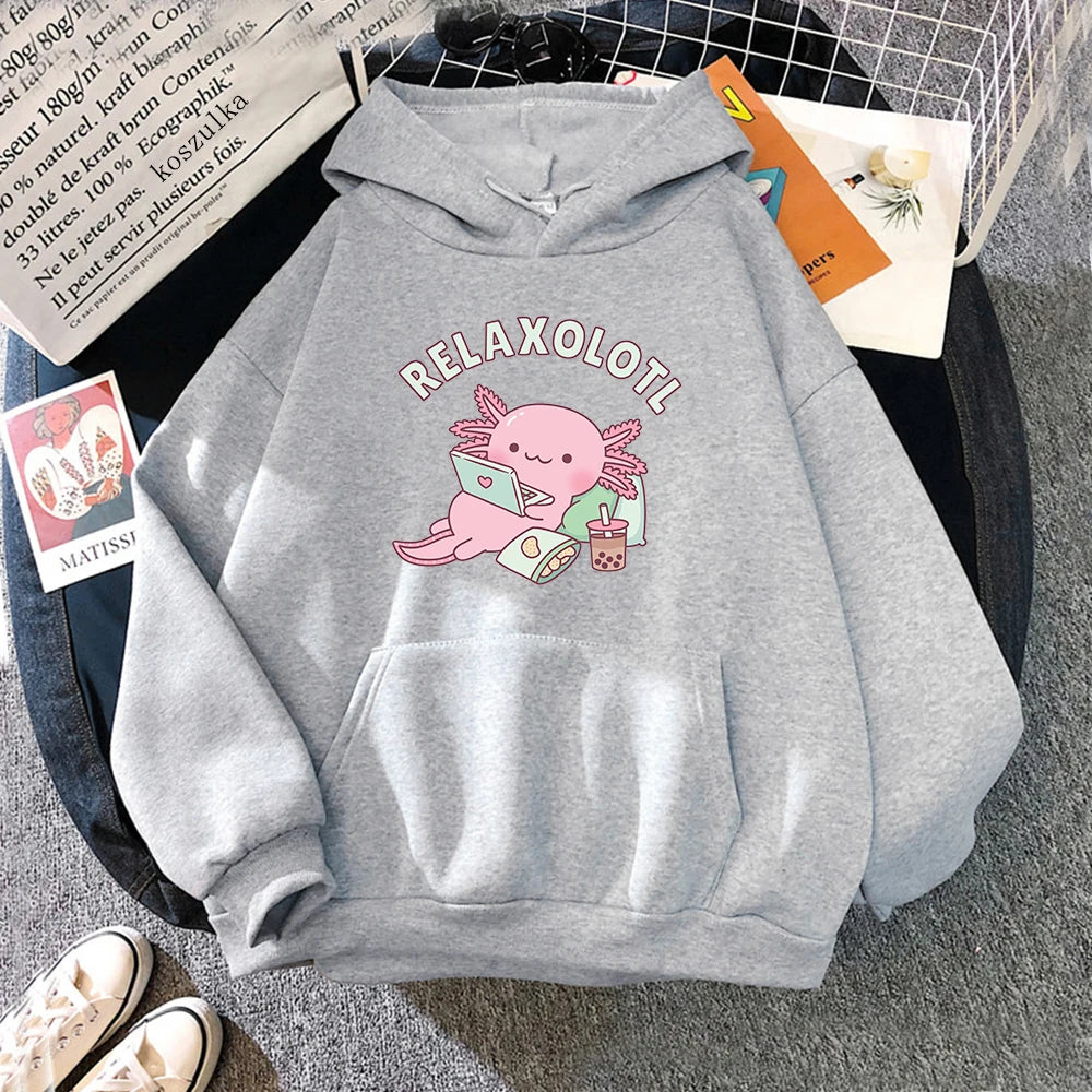 Axolotl Boba Milk Tea Hoodies Korean Style Women Clothes Kawaii Sweatshirt Vintage Cartoon Graphic Hoodie Harajuku Sudaderas