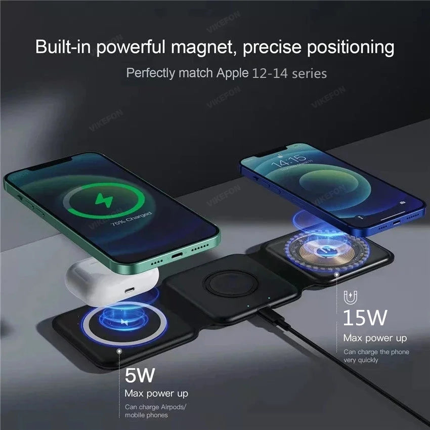 3 in 1 Magnetic Portable Wireless Charger Pad for iPhone 15 14 13 12 Pro Max Apple Watch AirPods Fast Charging Dock Station