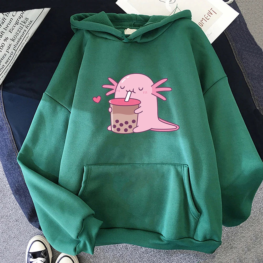 Axolotl Boba Milk Tea Hoodies Korean Style Women Clothes Kawaii Sweatshirt Vintage Cartoon Graphic Hoodie Harajuku Sudaderas