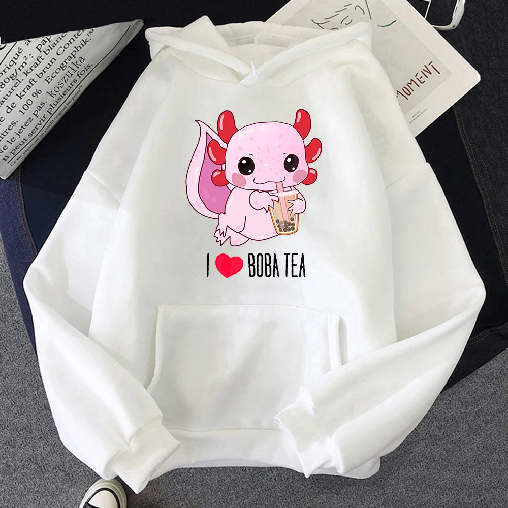 Axolotl Boba Milk Tea Hoodies Korean Style Women Clothes Kawaii Sweatshirt Vintage Cartoon Graphic Hoodie Harajuku Sudaderas