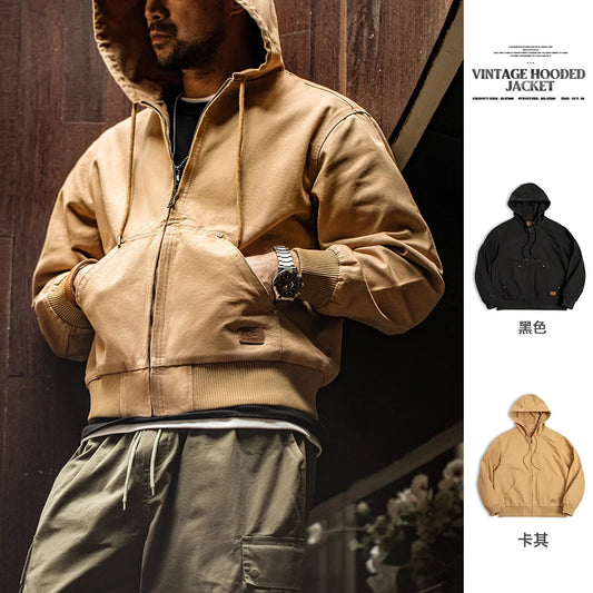 Maden Vintage J130 Heavyweight Hooded Jacket Canvas Classic Short Zip Front Solid Color Outerwear for Men Autumn Streetwear Coat